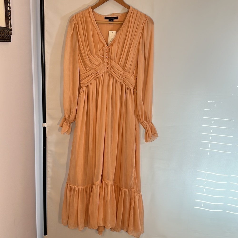 French Connection Akita Pleated Ruffled Long Sleeve Puff MIDI Dress Size 6 Pink - Picture 3 of 16